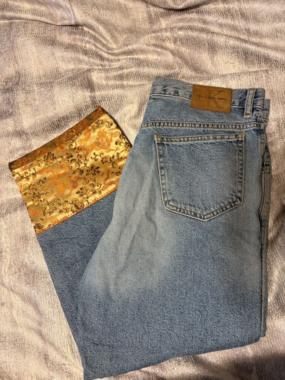Calvin Klein Light Blue Straight Cropped Jeans with Gold Brocade Cuff